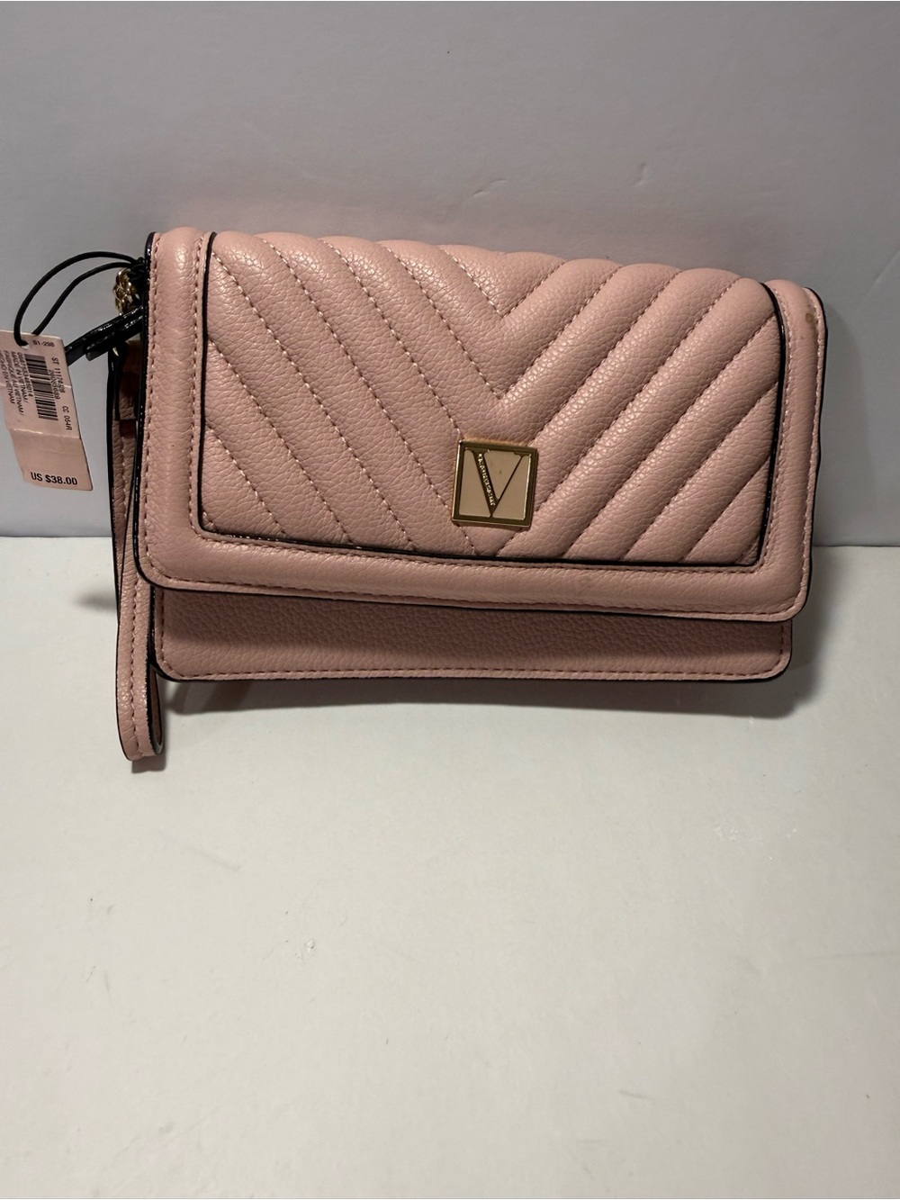 Victoria's Secret Quilted Blush Pink Wristlet with Gold V Emblem